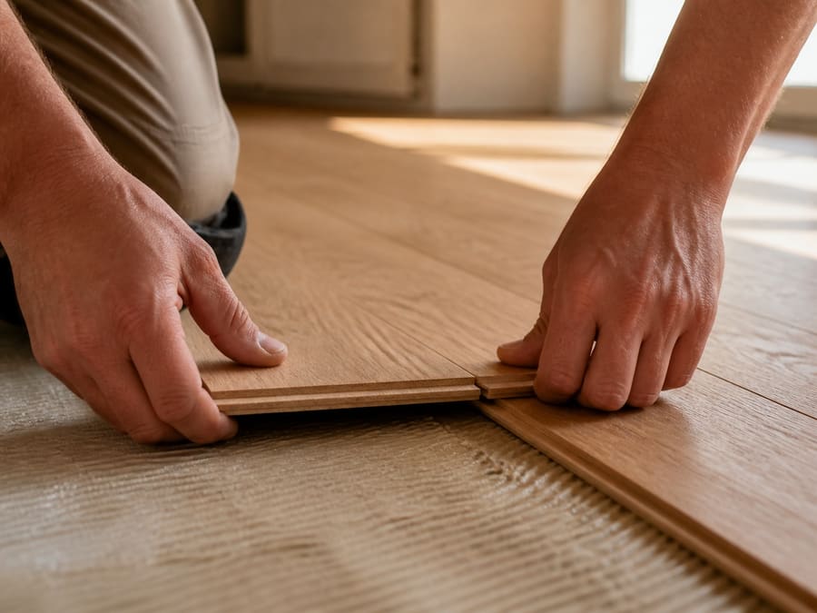 Hands setting a new oak board into the row before it, the joint just closing