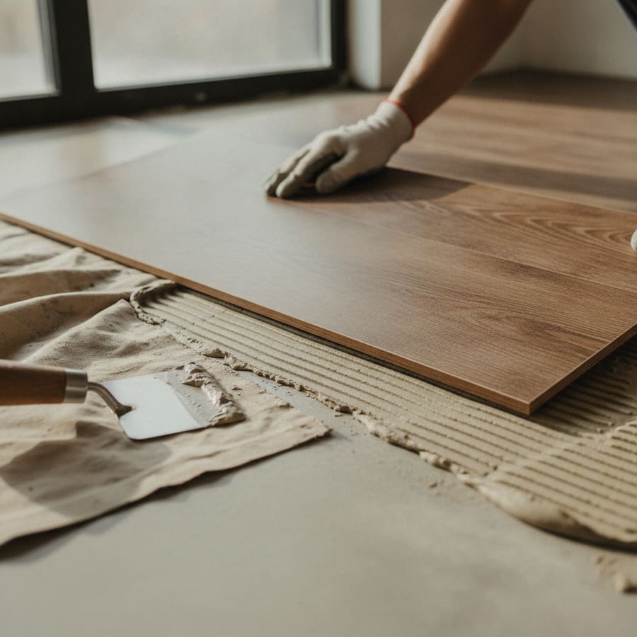 A luxury vinyl plank being pressed onto an adhesive bed over a smooth levelled subfloor